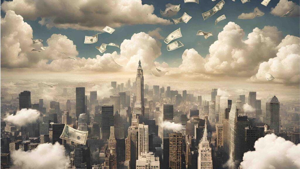 Money falling from a partially cloudy sky over a dense urban landscape