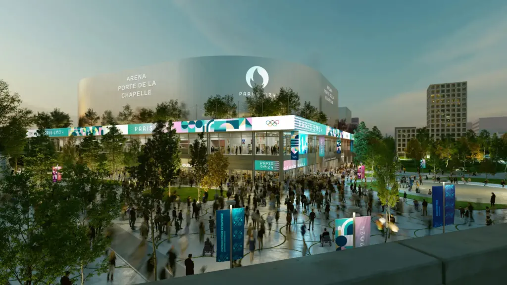 Mockup of the newly developed Porte de La Chapelle Arena, one of the newly developed arenas for the Paris 2024 Summer Olympics.