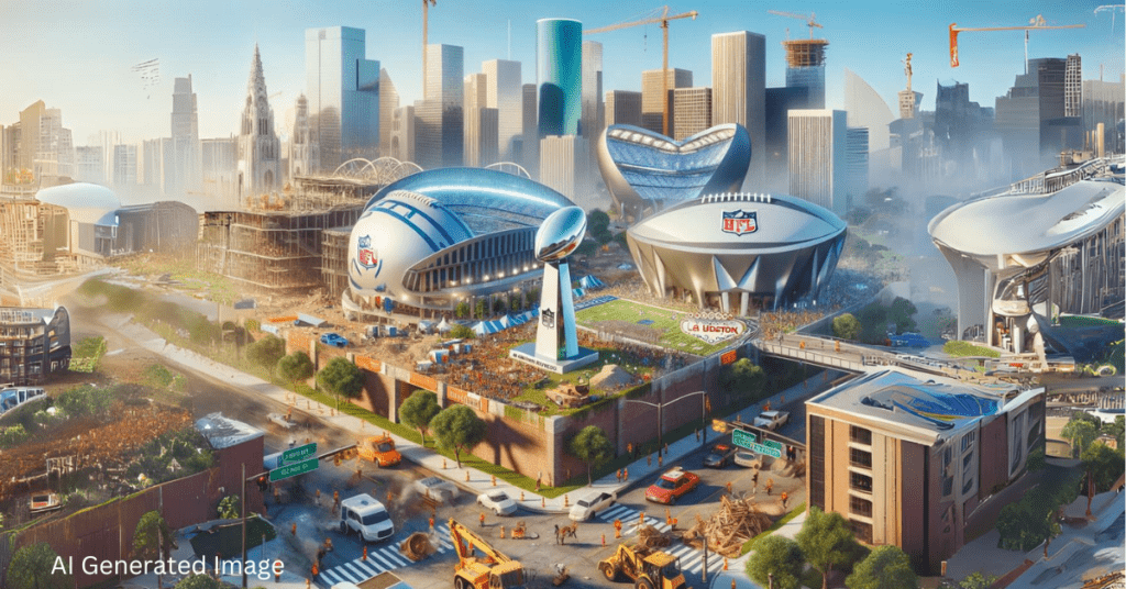 Mega sporting events decorative feature image showing an AI generated scene of stadiums with a backdrop of an urban skyline and foreground of construction vehicles